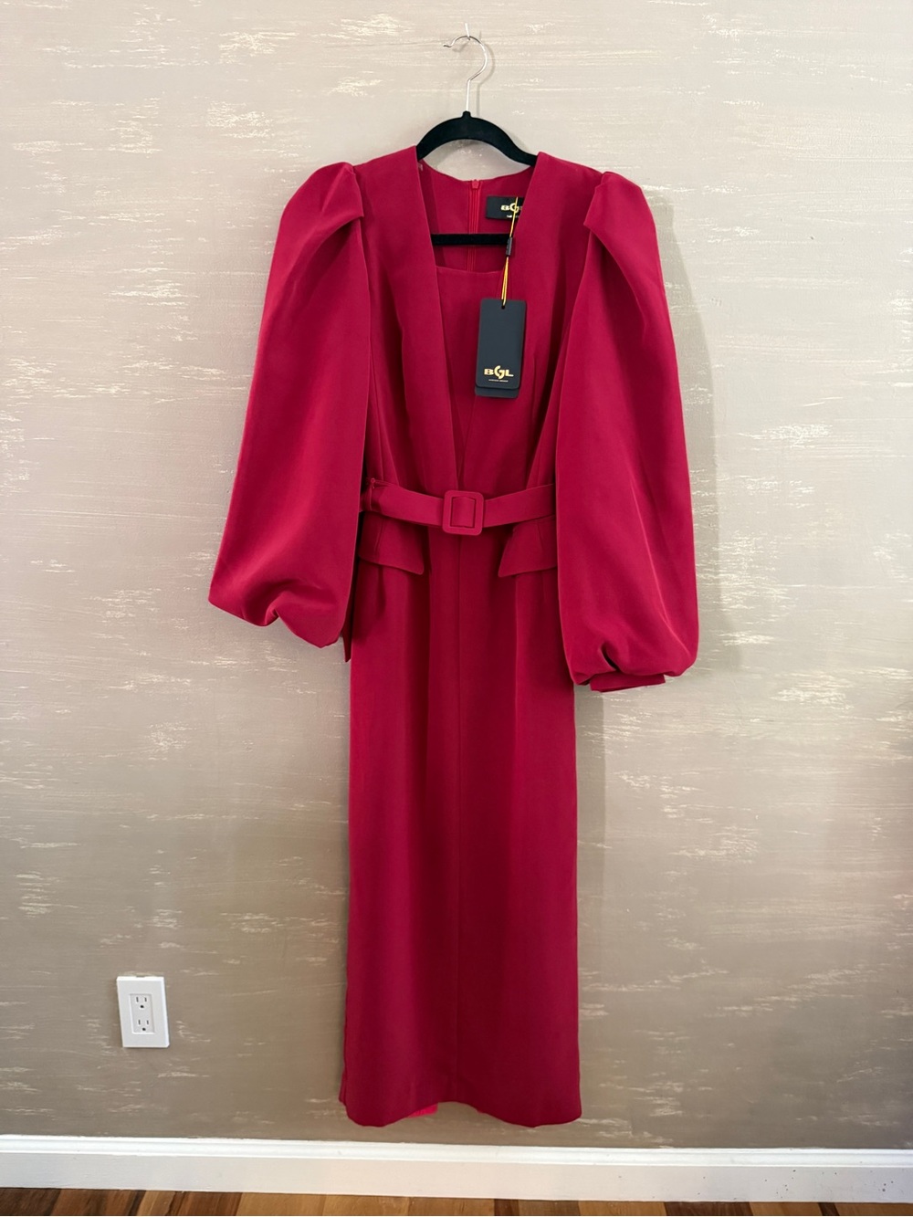 BGL Red Puff-Sleeve Belted Maxi Dress